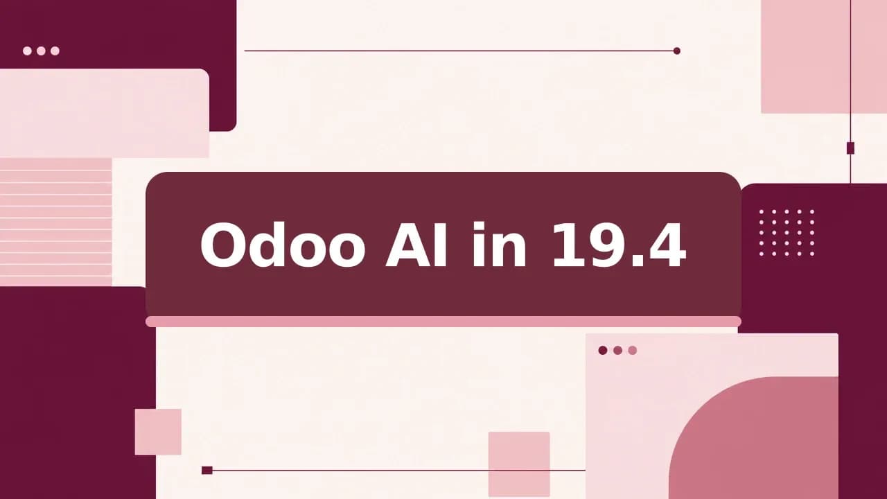 Flad redaktionel forside til Odoo AI i 19.4: Chatbots, opgaveautomatisering og virksomhedsspecifikke agenter